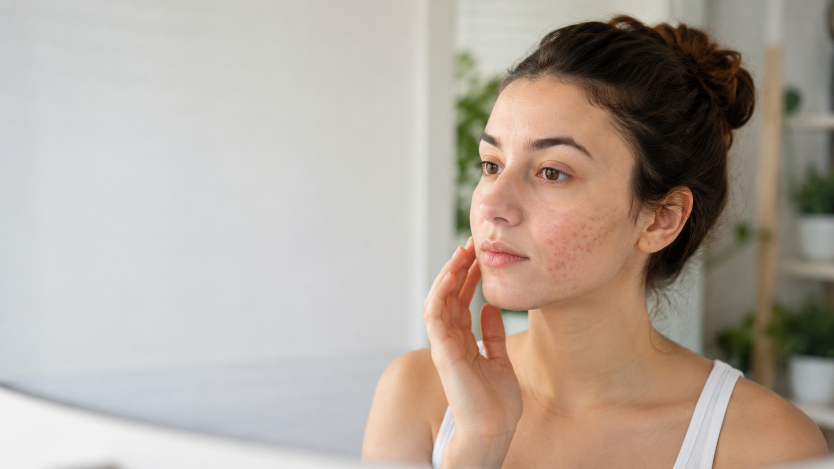 Acne - A young lady looking at her face in the mirror.