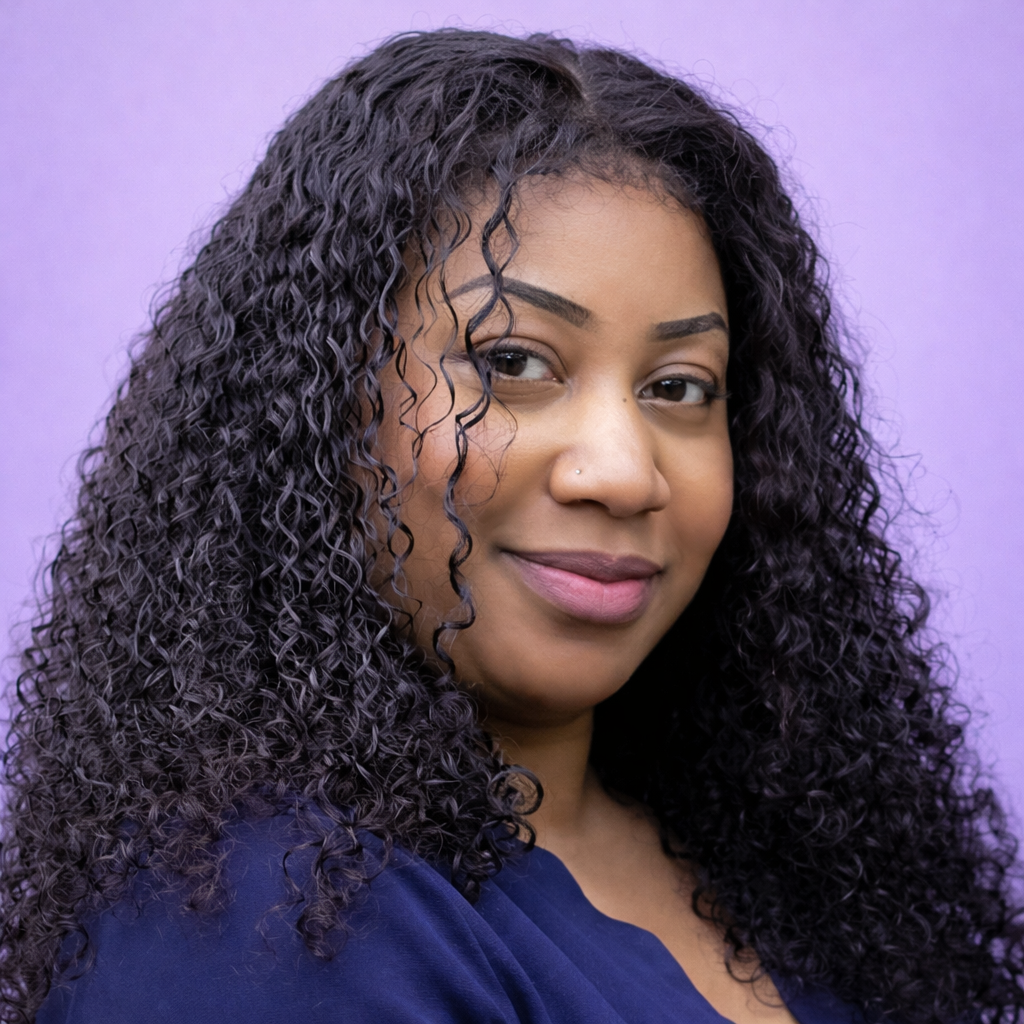 Headshot of Nurse Lare on Purple background