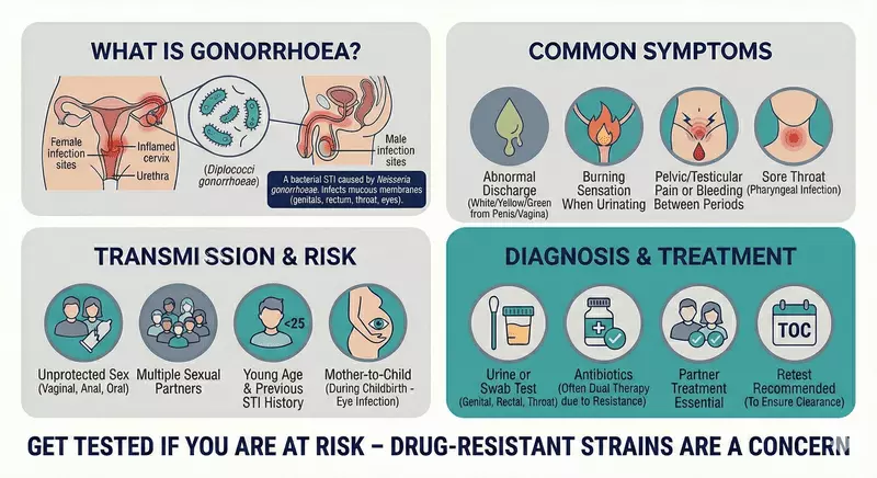 Educational infographic explaining gonorrhoea as a Neisseria gonorrhoeae infection affecting genital and throat sites, outlining typical discharge and dysuria symptoms, transmission risk patterns including unprotected sex, and NAAT testing with antibiotic treatment and retesting to confirm clearance.