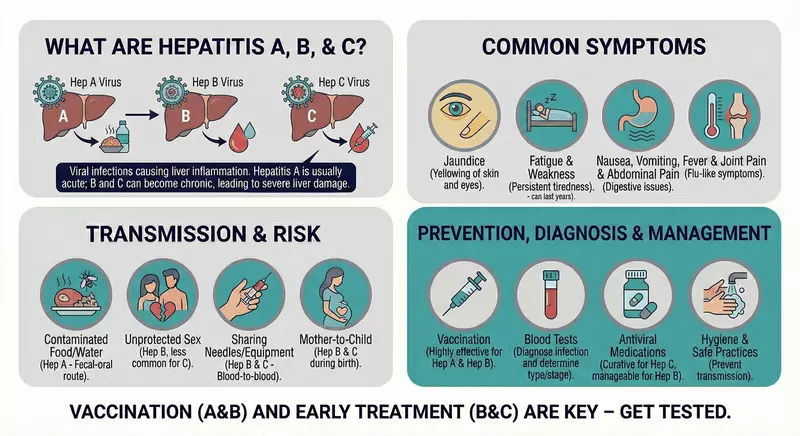 Medical infographic comparing hepatitis A, B, and C as viral liver infections, highlighting common systemic symptoms, typical transmission routes (food/water, sexual contact, blood exposure, perinatal), and standard prevention, testing, and antiviral management pathways.