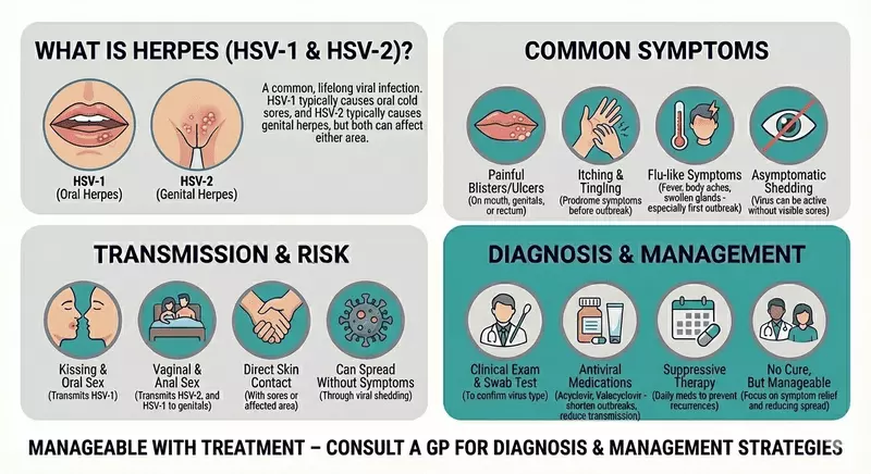 Educational infographic explaining herpes simplex (HSV-1 and HSV-2) as a lifelong viral infection, outlining painful blisters and prodromal tingling, the role of asymptomatic shedding, key transmission routes including oral and genital contact, and typical diagnosis and antiviral management options.
