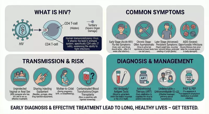Educational infographic explaining HIV as a virus that targets CD4 T-cells, outlining early and later-stage symptom patterns, key transmission routes such as unprotected sex and needle sharing, and modern diagnosis and management including HIV testing, antiretroviral therapy, U=U, and PrEP/PEP prevention.