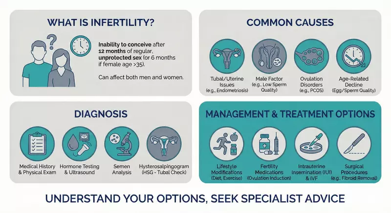 Infertility overview: causes, investigations, and treatment options Patient-friendly infertility infographic defining infertility as difficulty conceiving after 12 months of regular unprotected sex, outlining common causes in women and men, typical fertility investigations (hormones, ultrasound, semen analysis, tubal testing), and management options including lifestyle changes, medicines, assisted conception (IUI/IVF), and surgery.