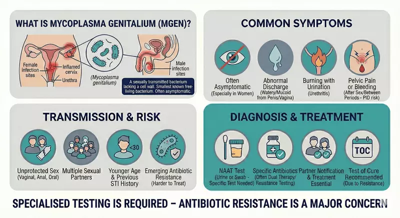 Educational infographic explaining Mycoplasma genitalium (Mgen) as a sexually transmitted bacterial infection that is often asymptomatic, outlining typical discharge and urethritis symptoms, transmission risk patterns, and NAAT-based testing with resistance-aware antibiotic treatment and test-of-cure follow-up.