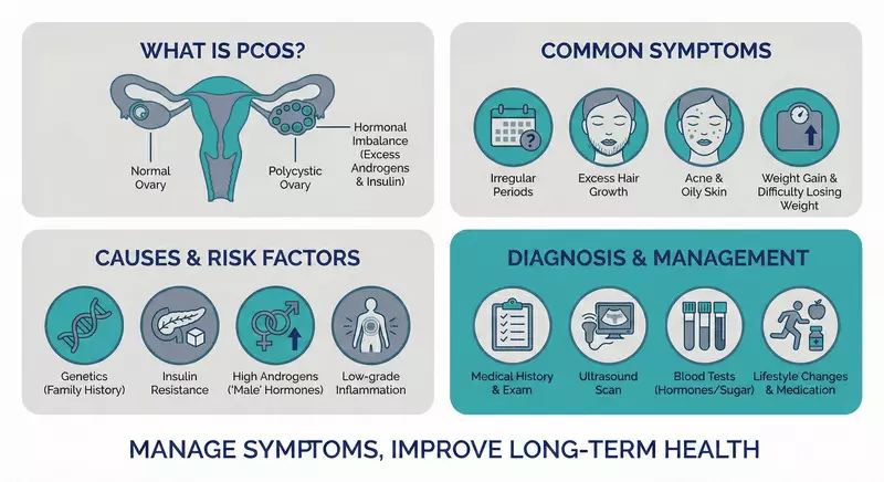 Patient-friendly infographic explaining polycystic ovary syndrome (PCOS) as a hormonal and metabolic condition linked to excess androgens and insulin resistance, highlighting irregular periods, acne and unwanted hair growth, and outlining typical diagnosis with history, ultrasound and blood tests plus lifestyle and medication management.