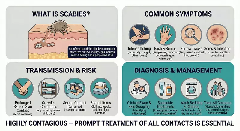Patient-friendly infographic explaining scabies as a skin infestation caused by microscopic mites that burrow and lay eggs, highlighting intense night-time itching, rash and burrow tracks, how it spreads through close contact, and standard diagnosis and management including scabicide treatment and treating close contacts.