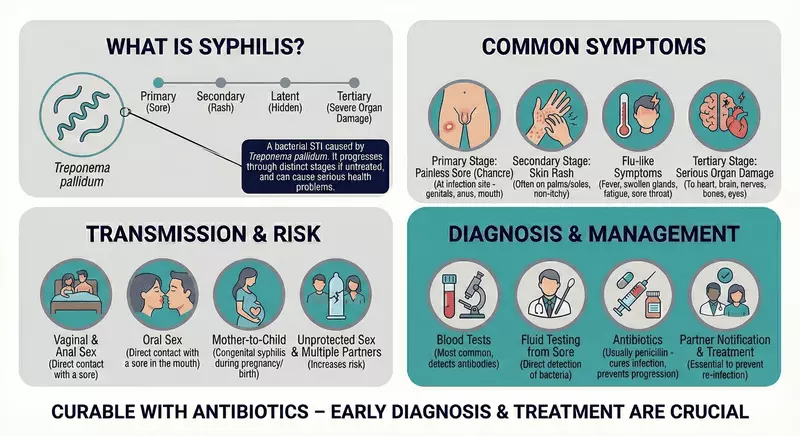 Educational infographic explaining syphilis as a Treponema pallidum infection, outlining stage progression, common symptom patterns, routes of transmission and risk, and typical testing and antibiotic management in primary care or sexual health services.