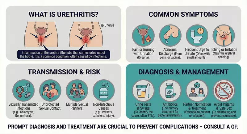 Health infographic explaining urethritis as inflammation of the urethra, highlighting dysuria and discharge, common infectious and non-infectious triggers, sexual transmission risk considerations, and typical diagnosis and management steps such as urine testing and appropriate antibiotics.