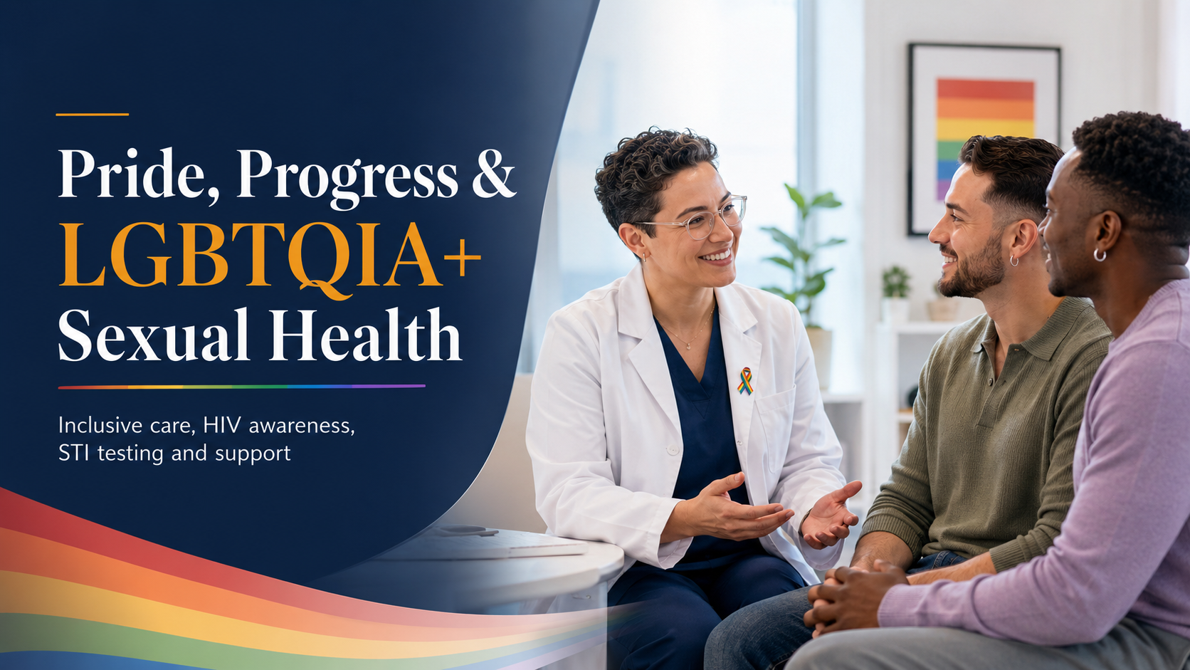 LGBTQIA + Sexual Health sign including a gay couple and female doctor